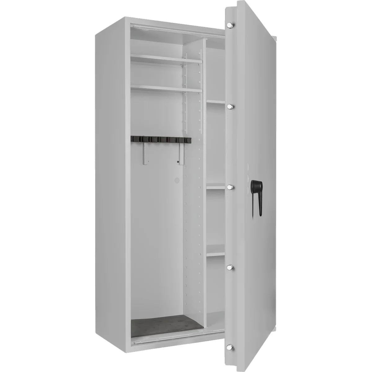 Dallas Combi gun safe in Light Grey, door open, rifle holders and shelved section