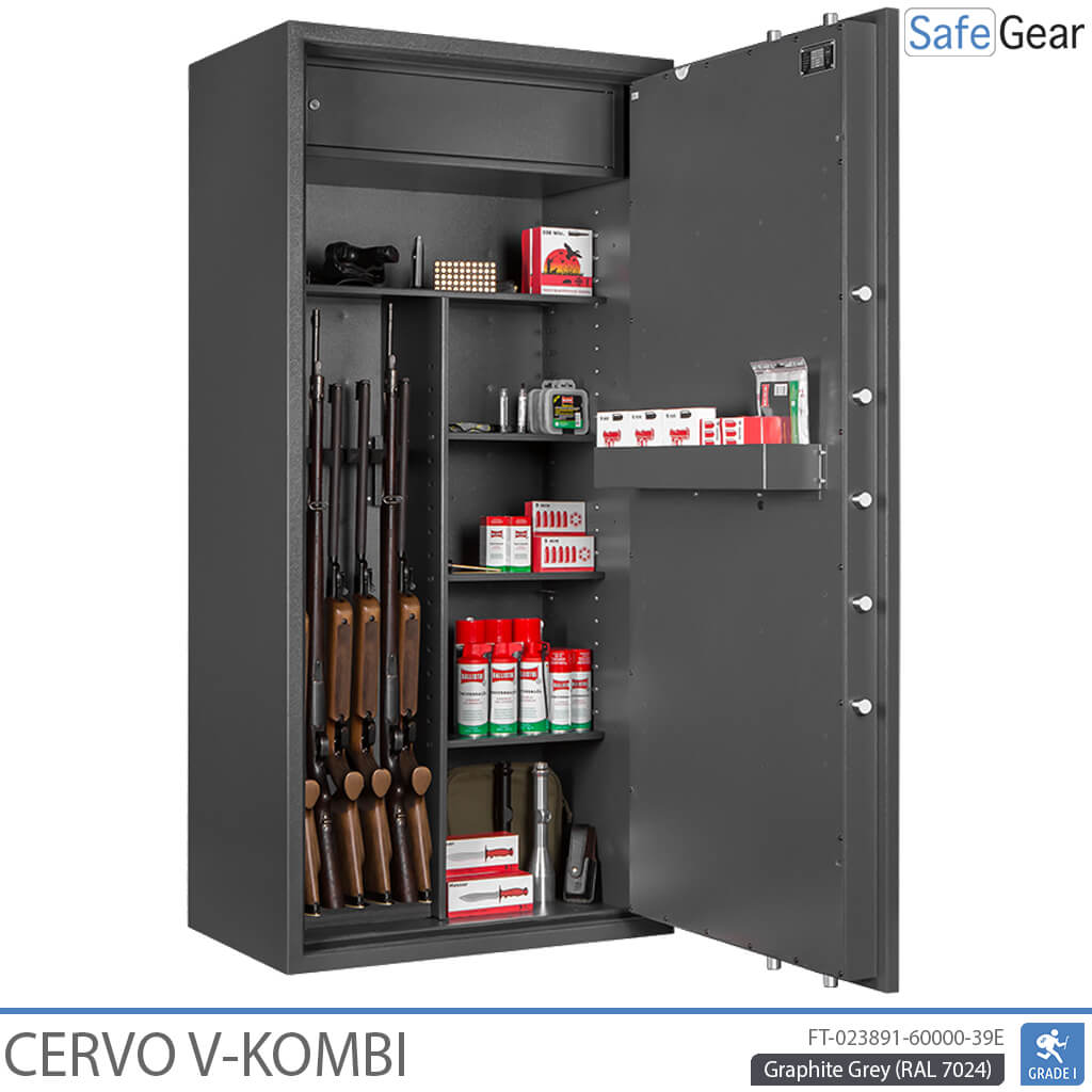 Cervo V Combi gun safe in Graphite Grey, door open with rifles, ammunition and shelf section