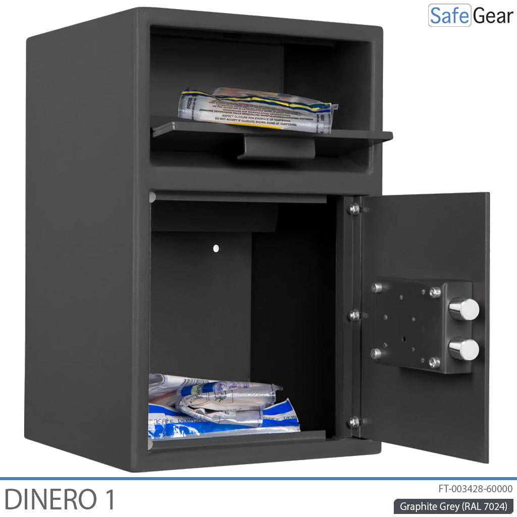 Dinero 1 deposit safe open, with safebags on the deposit flap and in the collection compartment