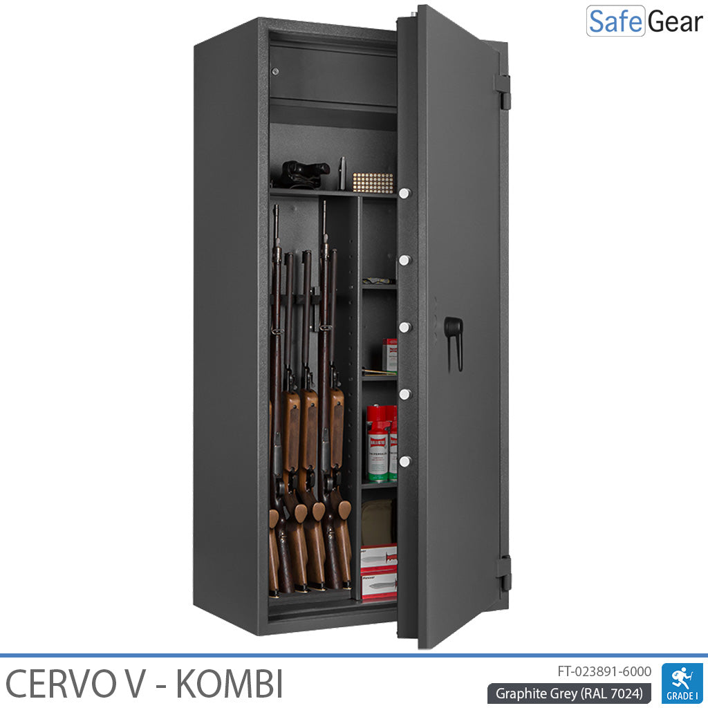 Cervo V Combi gun safe in Graphite Grey, door half open with rifles