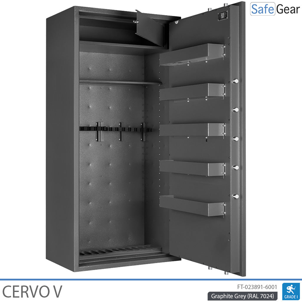 Cervo V gun safe in Graphite Grey, door open at 90 degrees, empty, with door compartments