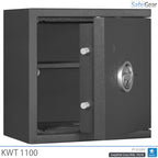 KWT 1100 gun safe in Graphite Grey, door open at 45 degrees, empty with shelf