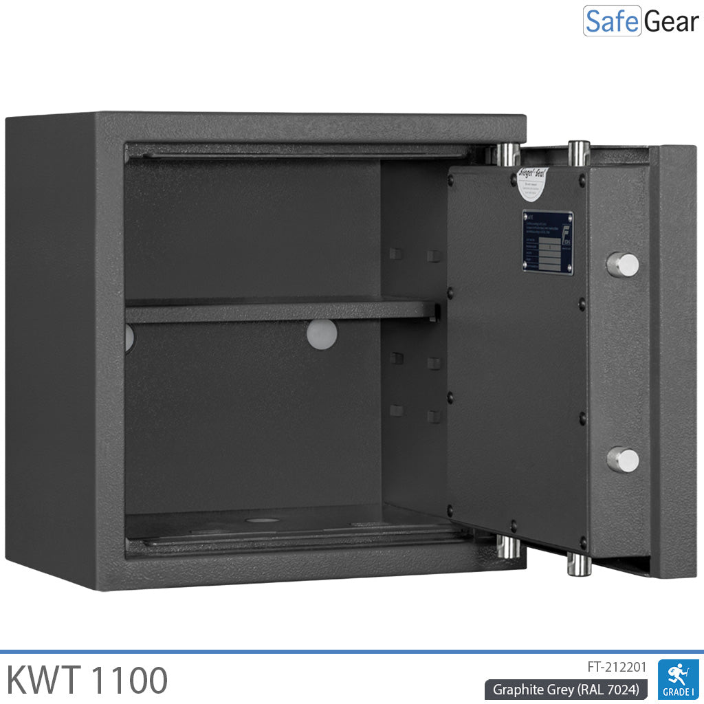 KWT 1100 gun safe in Graphite Grey, door open at 90 degrees, empty with shelf
