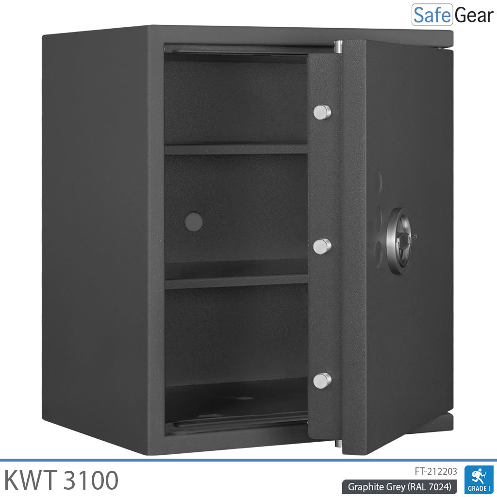 KWT 3100 gun safe in Graphite Grey, door open, empty with two shelves