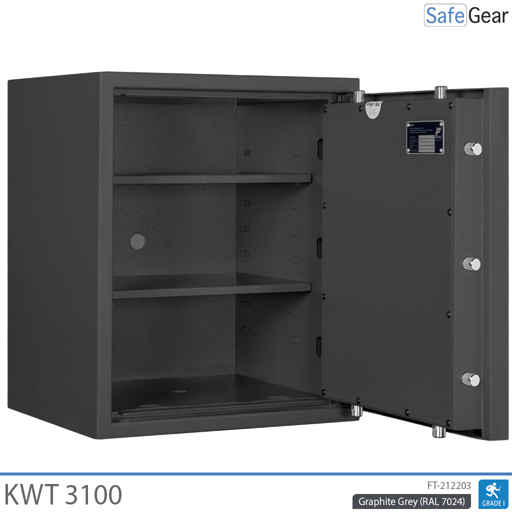 KWT 3100 gun safe in Graphite Grey, door open at 90 degrees, empty with two shelves
