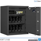 KWT 3100 gun safe in Graphite Grey, door open at 90 degrees with handguns in two 5-handgun holders and ammunition