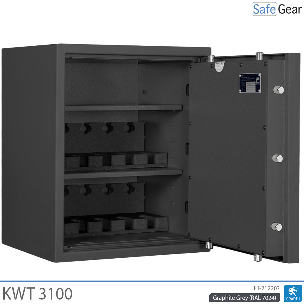 KWT 3100 gun safe in Graphite Grey, door open at 90 degrees, empty with two 5-handgun holders