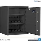 KWT 3100 gun safe in Graphite Grey, door open at 90 degrees, empty with two 5-handgun holders