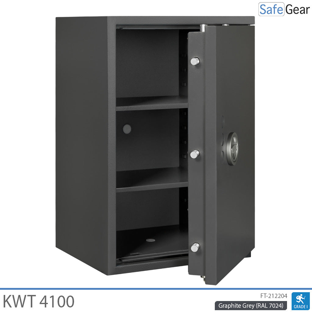 KWT 4100 gun safe in Graphite Grey, door open at 45 degrees, empty with two shelves