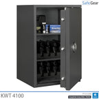 KWT 4100 gun safe in Graphite Grey, door open at 45 degrees with handguns in 5-handgun holders and ammunition
