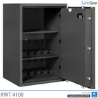 KWT 4100 gun safe in Graphite Grey, door open at 90 degrees, empty with shelf and 5-handgun holders