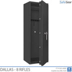 Dallas 8 gun safe in Graphite Grey, door half open, empty foam rifle holders