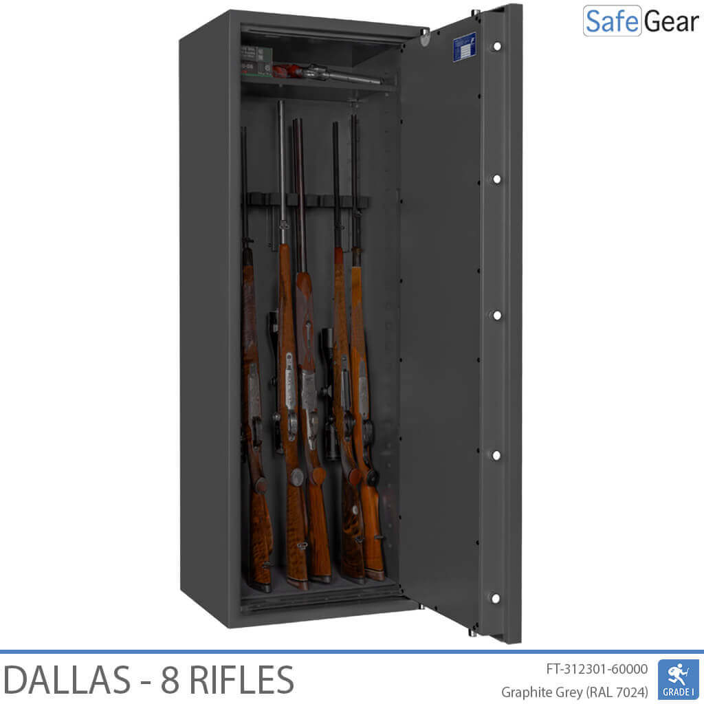 Dallas 8 gun safe in Graphite Grey, door open with 8 rifles
