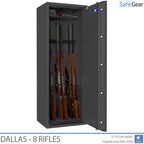 Dallas 8 gun safe in Graphite Grey, door open with 8 rifles