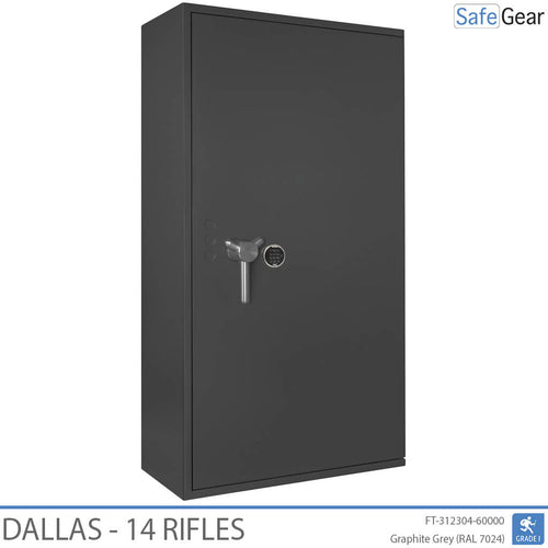 Dallas 14 gun safe in Graphite Grey, door closed, electronic code lock