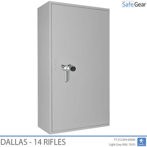 Dallas 14 gun safe in Light Grey, door closed, electronic code lock