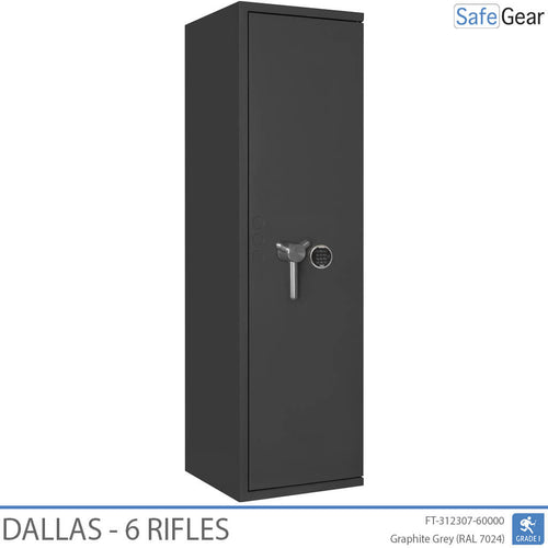 Dallas 6 gun safe in Graphite Grey, door closed, electronic code lock