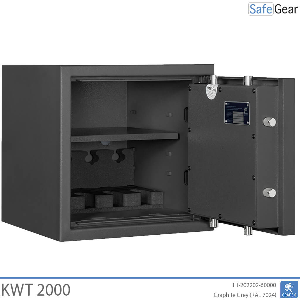 KWT 2000 gun safe in Graphite Grey, door open at 180 degrees, empty with shelf and 4-handgun holder