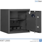 KWT 2000 gun safe in Graphite Grey, door open at 180 degrees, empty with shelf and 4-handgun holder
