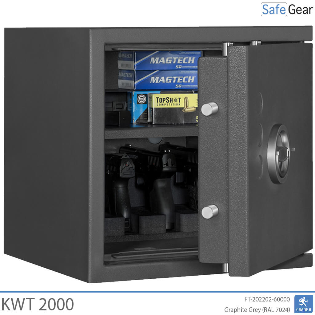 KWT 2000 gun safe in Graphite Grey, door open at 40 degrees with handguns in the 4-handgun holder and ammunition