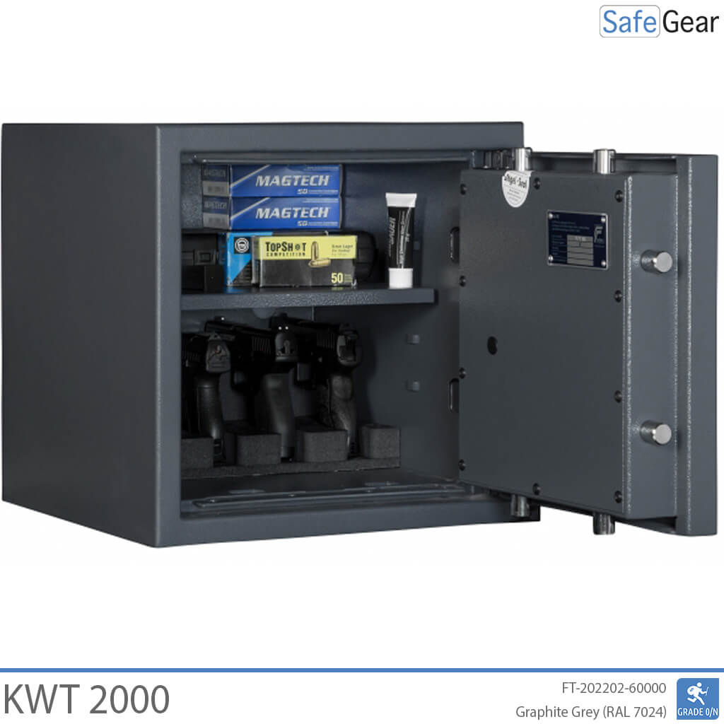 KWT 2000 gun safe in Graphite Grey, door open with handguns in the 4-handgun holder and ammunition on the shelf