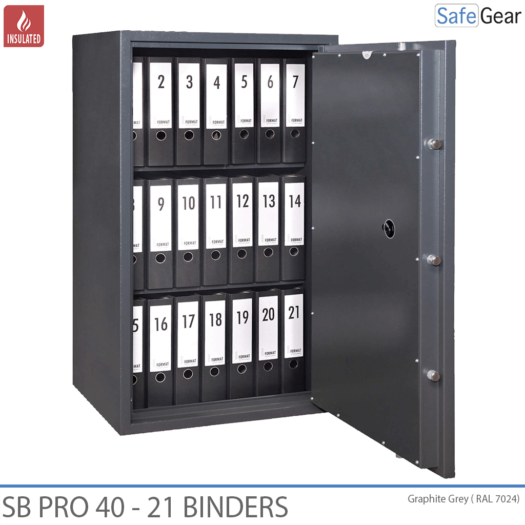 SB Pro 40 document cabinet, door open with 21 binders on movable shelves