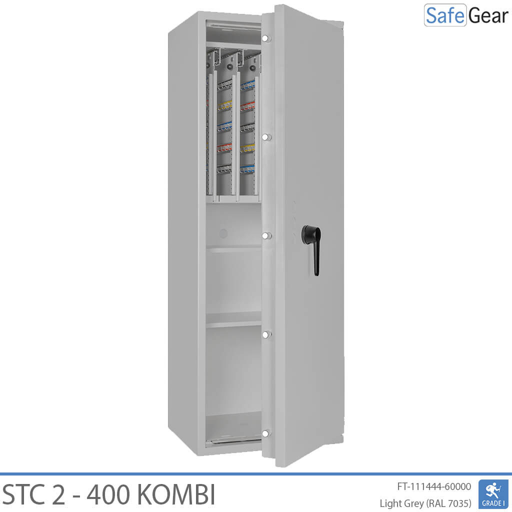 STC 2-400 Kombi key safe in light grey, door open at 45 degrees, key walls and shelves