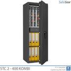 STC 2-400 Kombi key safe in graphite grey, door open at 45 degrees with keys and A4 binders