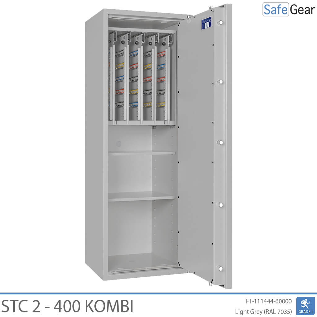 STC 2-400 Kombi key safe in light grey, door fully open, key walls and shelves