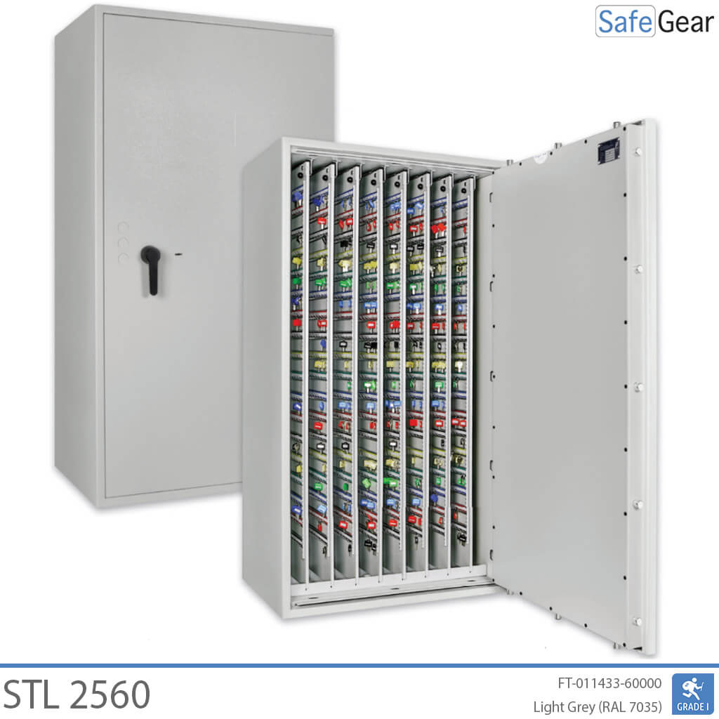 STL 2560 key safe in Light Grey, closed and with key walls shown